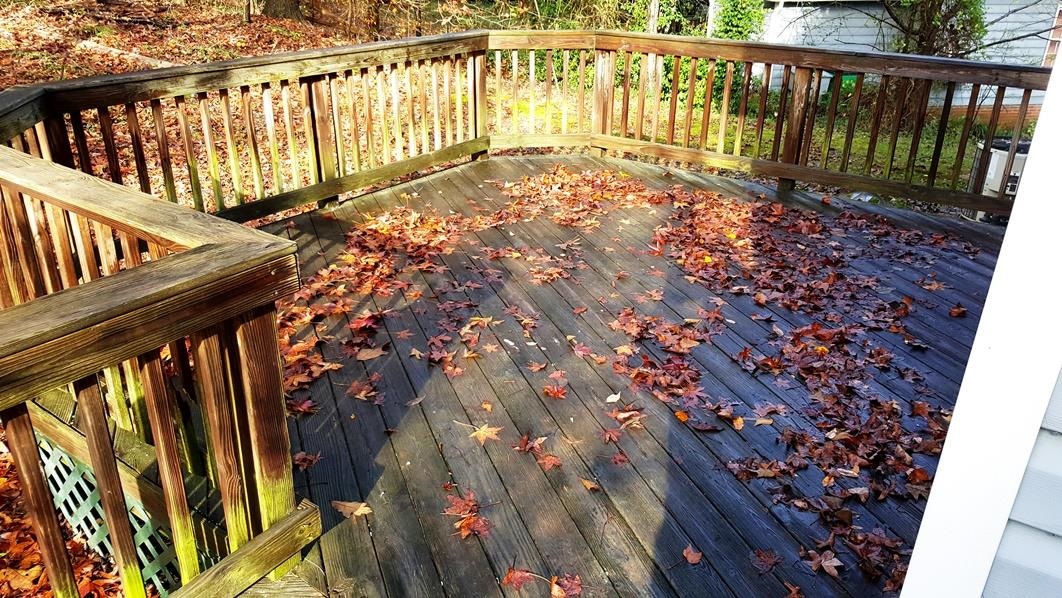 Neglected wooden deck covered with leaves and weathered wood